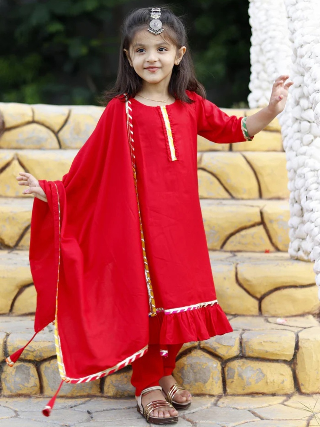 

BAESD Girls Round Neck Regular Gotta Patti Kurta with Pyjamas & Dupatta, Red