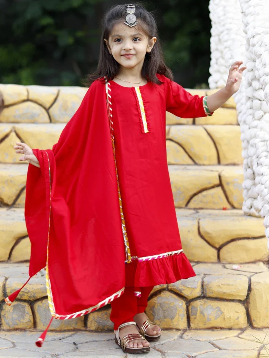 

BAESD Girls Round Neck Straight Gotta Patti Kurta with Pyjamas & Dupatta, Red