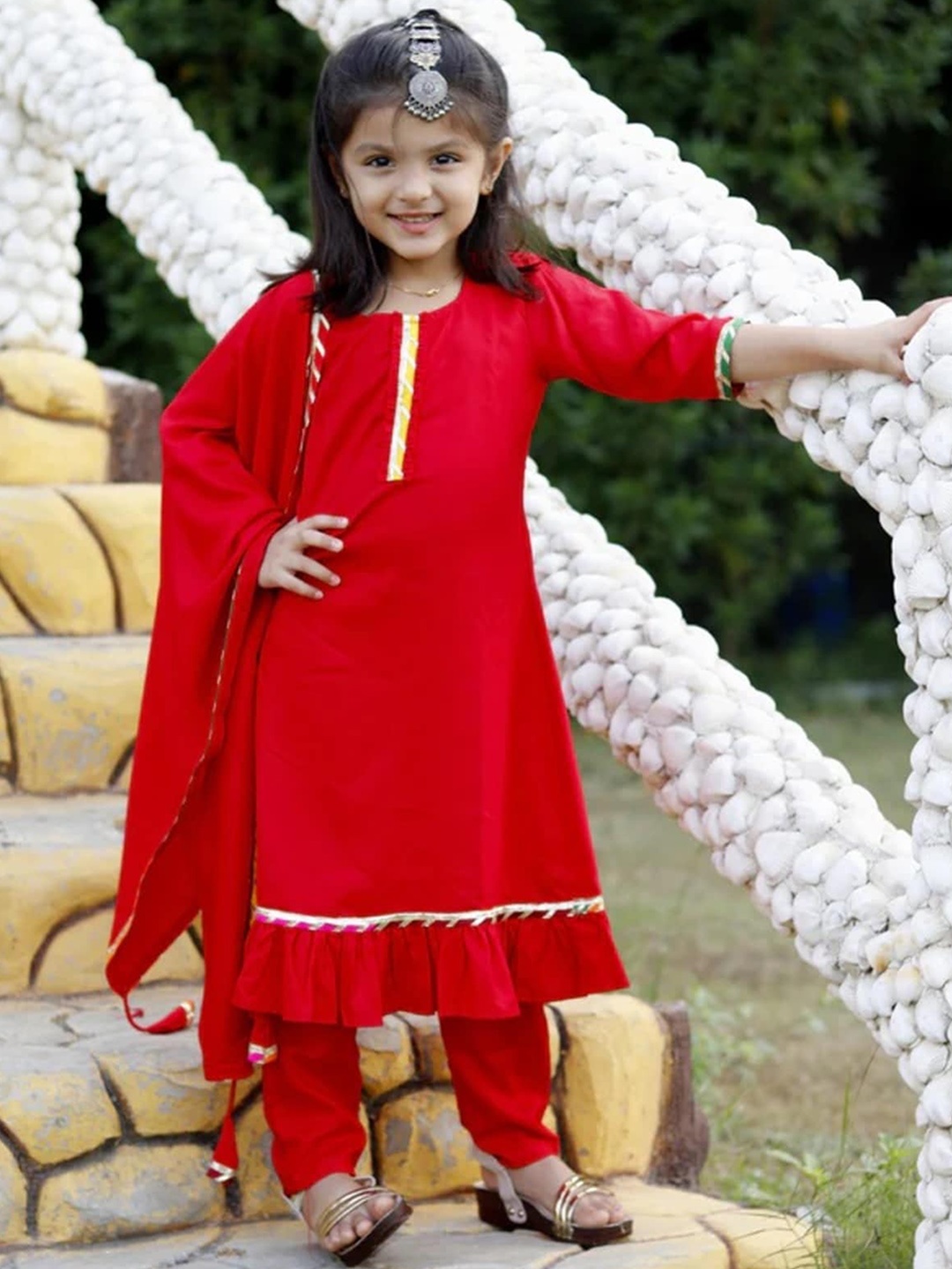 

BAESD Girls Embroidered Round Neck Gotta Patti Kurta with Pyjamas & With Dupatta, Red