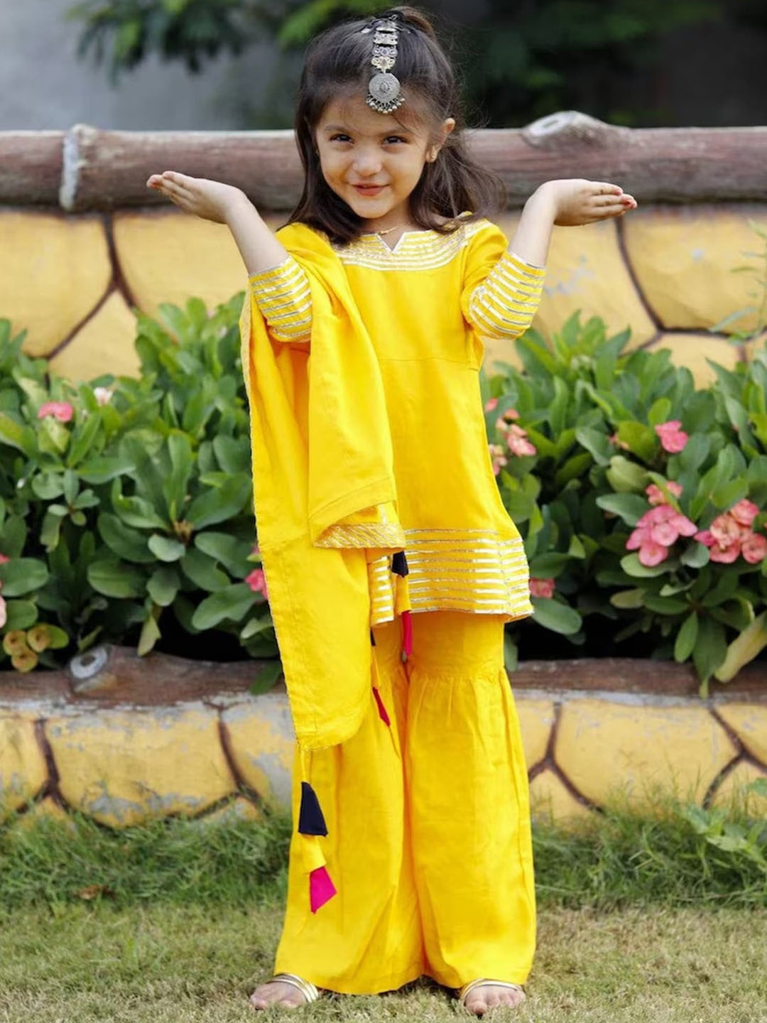 

BAESD Girls Embroidered Round Neck Gotta Patti Kurti with Pyjamas & With Dupatta, Yellow