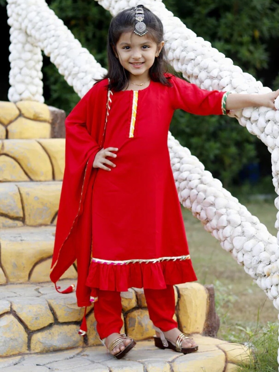 

BAESD Girls Regular Gotta Patti A-Line Kurta with Trousers & Dupatta, Red