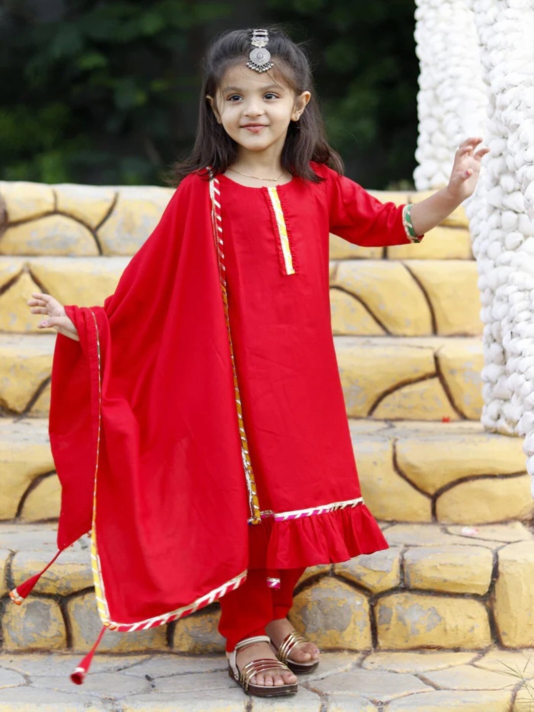 

BAESD Girls Round Neck Gotta Patti Kurta with Pyjamas & Dupatta, Red