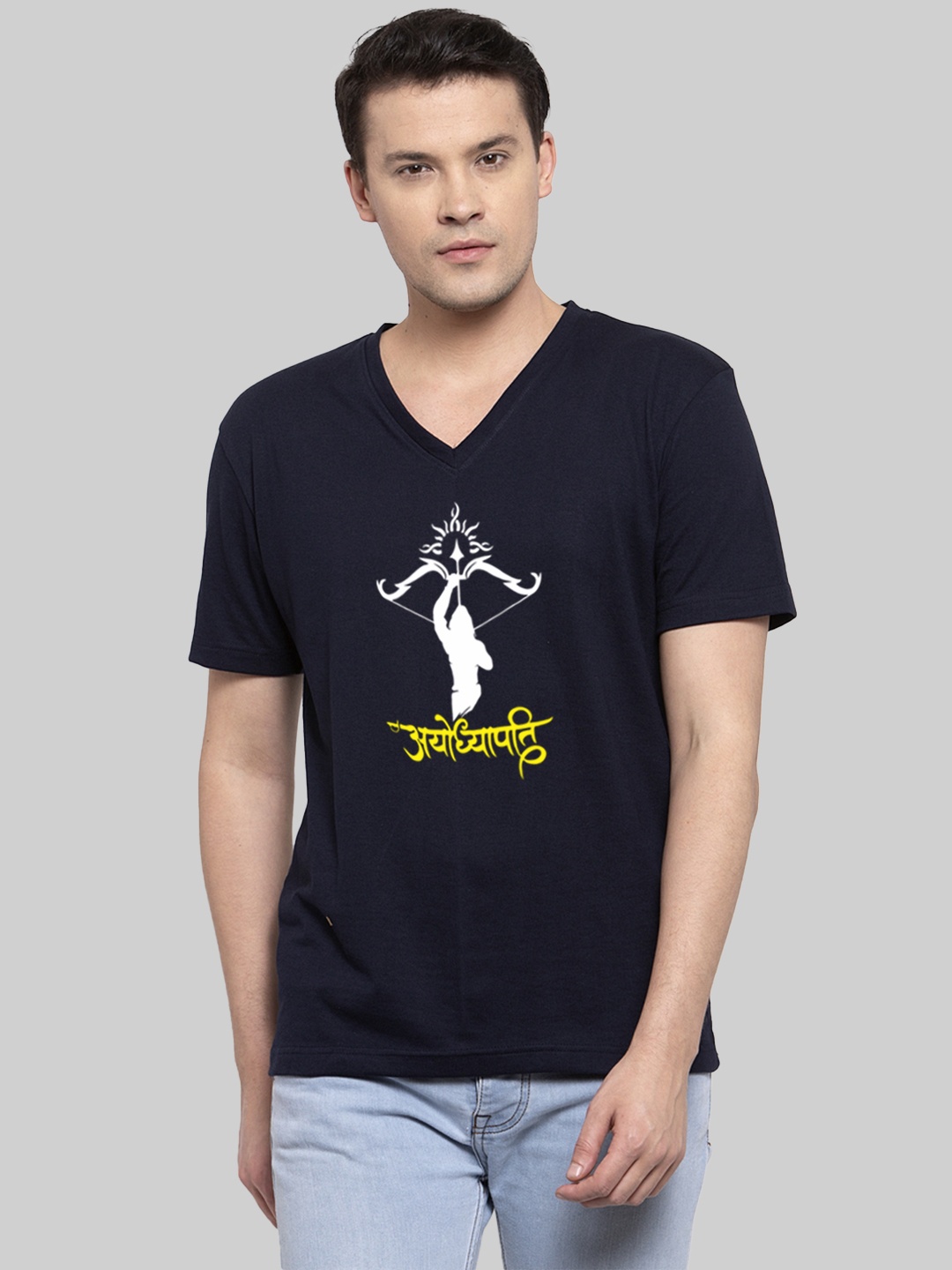 

Friskers Graphic Printed V Neck Short Sleeves Cotton Tshirt, Navy blue