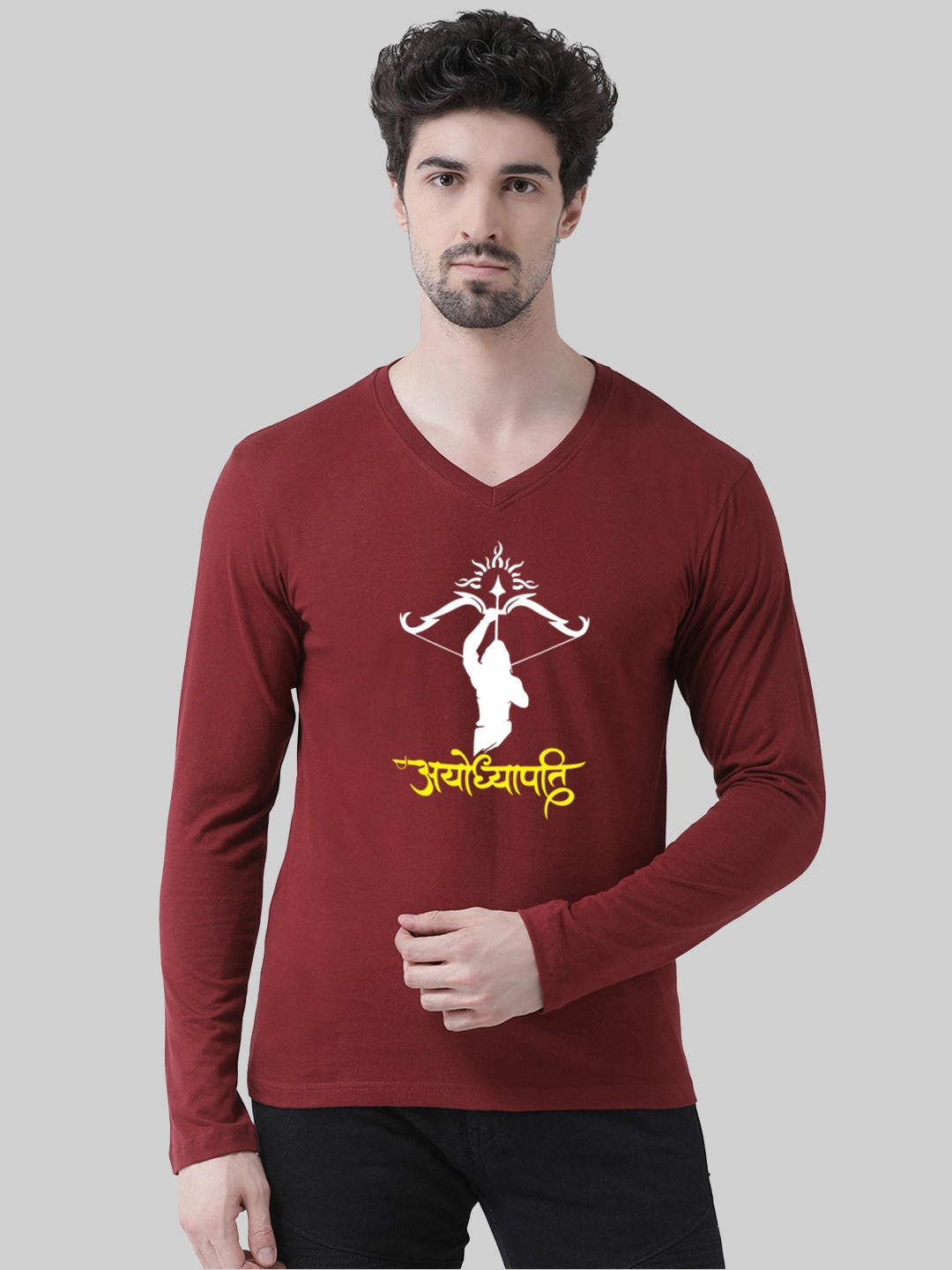 

Friskers Graphic Printed V Neck Long Sleeves Cotton Tshirt, Maroon
