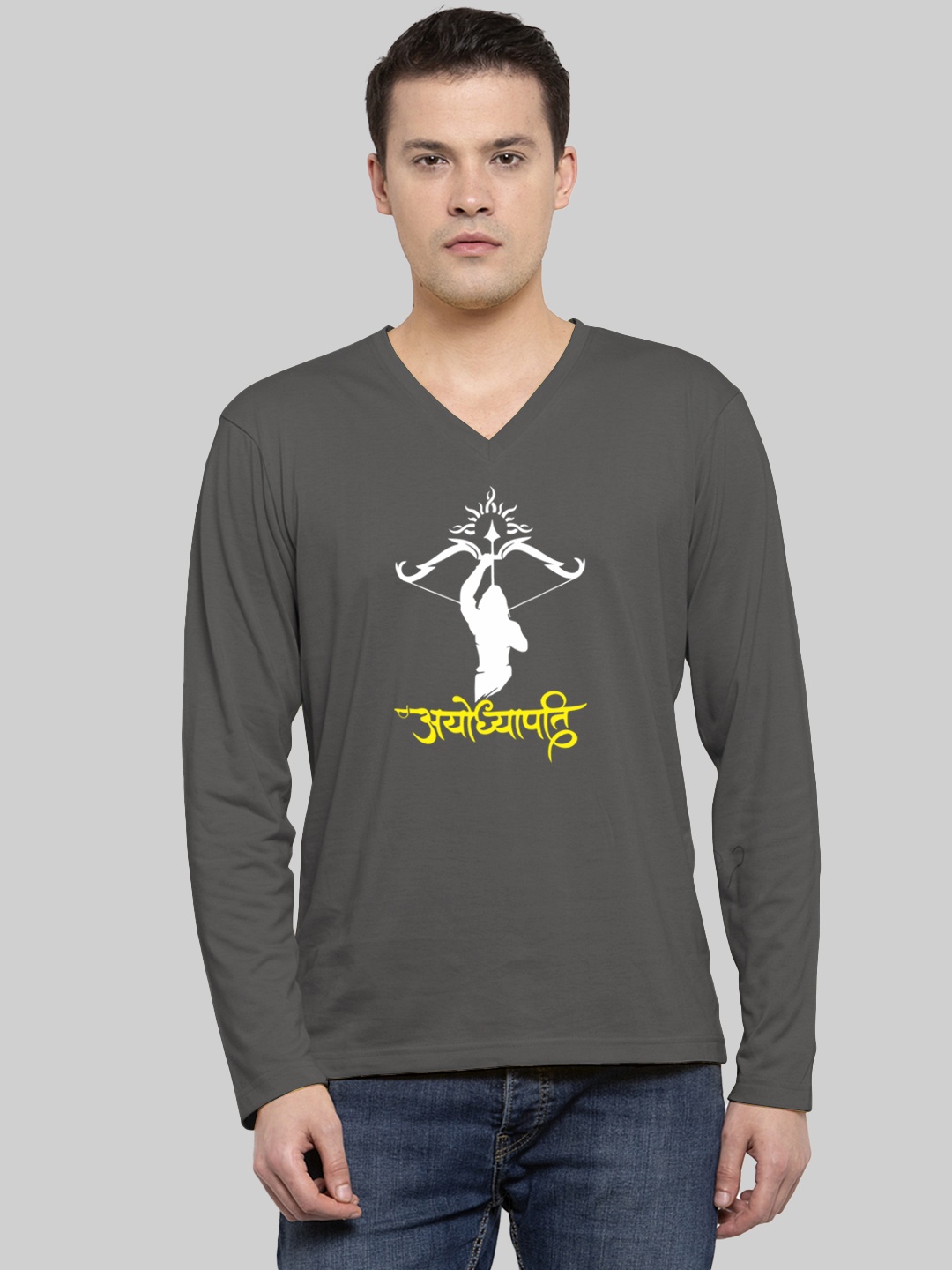 

Friskers Graphic Printed V Neck Long Sleeves Cotton Tshirt, Grey