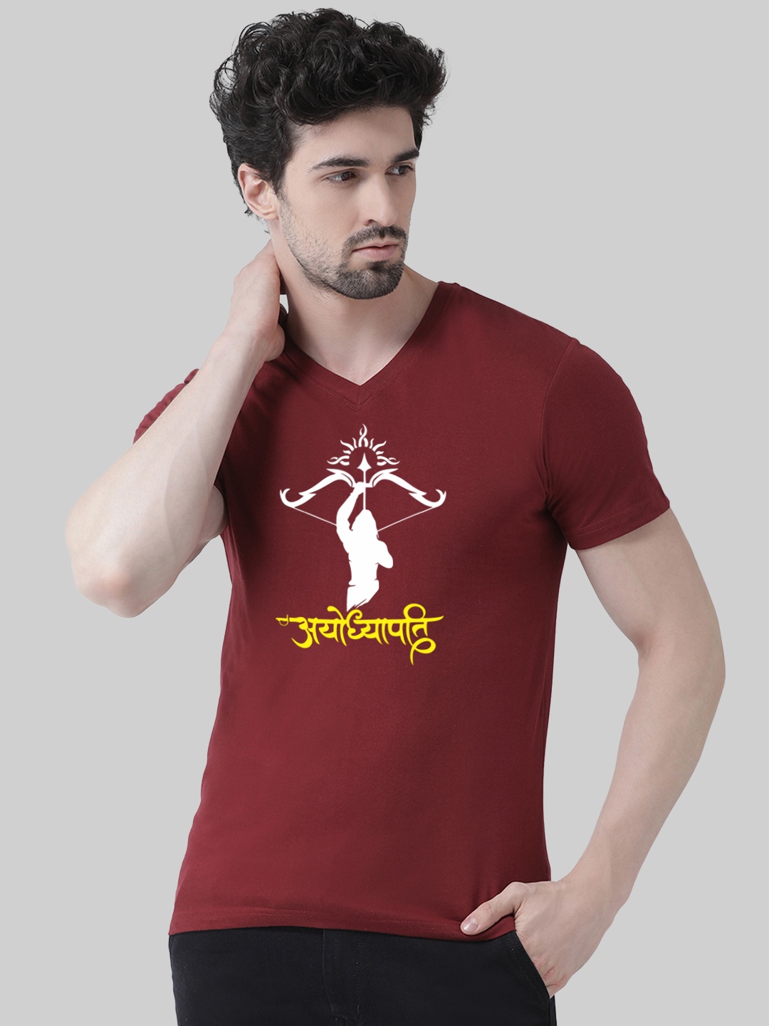 

Friskers Graphic Printed V-Neck Short Sleeves Cotton Tshirt, Maroon