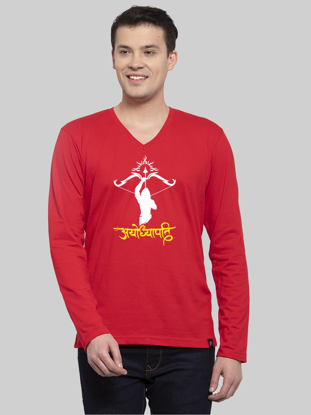 

Friskers Graphic Printed V Neck Long Sleeves Cotton Tshirt, Red