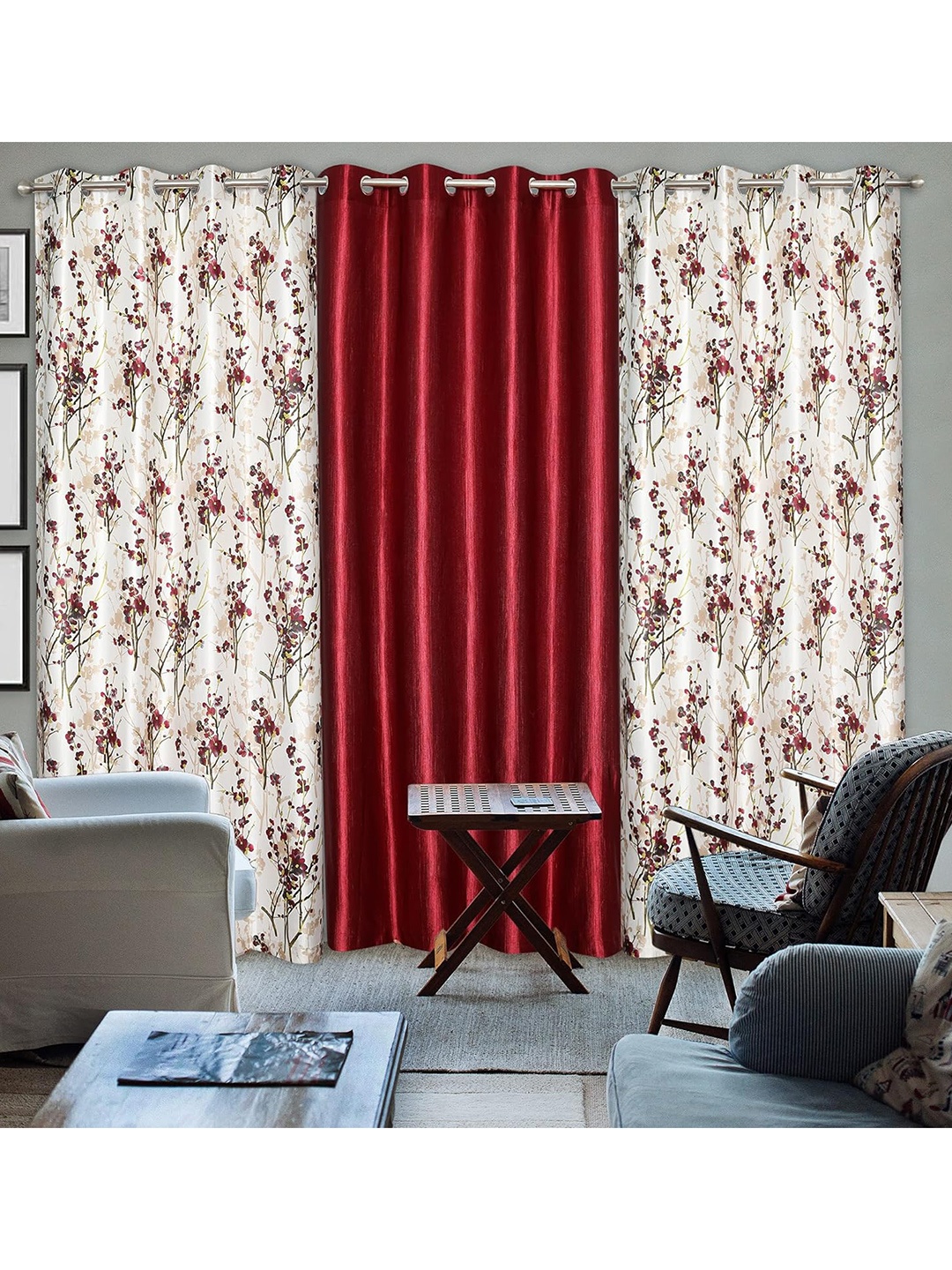 

Ultica Fab Maroon & White 3 Pieces Floral Room Darkening Door Curtains