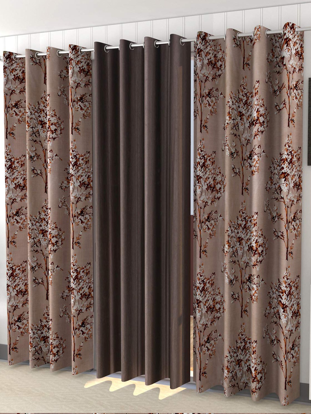 

Ultica Fab Coffee Brown & Off White 3Pcs Floral Room Darkening Long Door Curtain