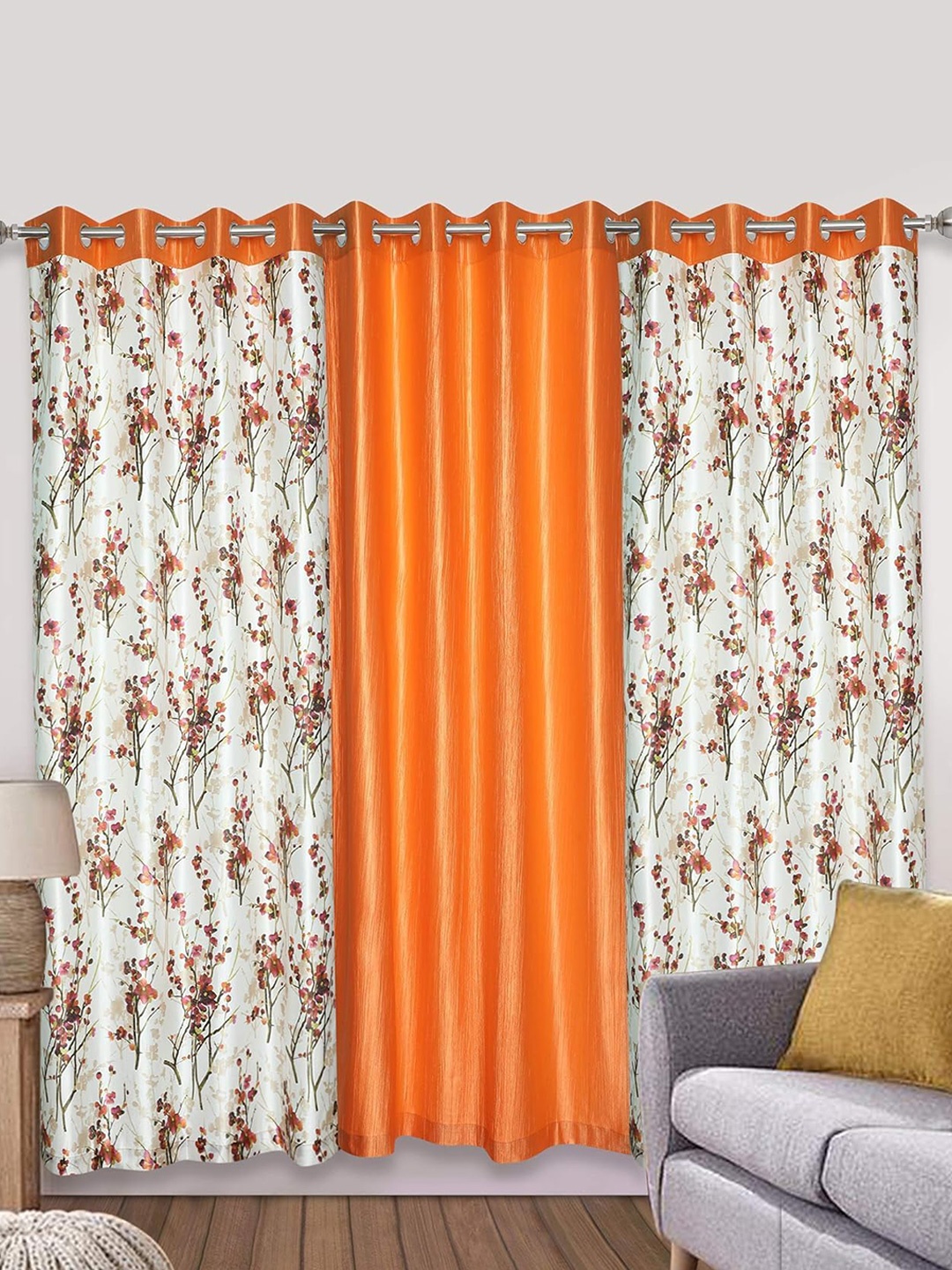 

Ultica Fab Orange & White 3 Pcs Floral Room Darkening Long Door Curtain