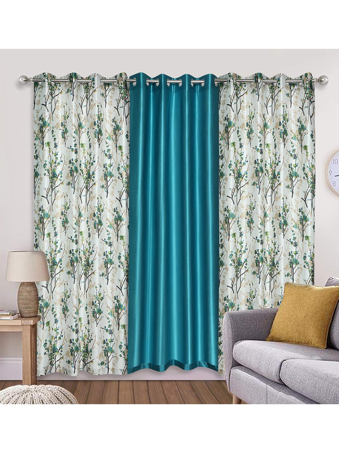

Ultica Fab Sea Green & White 3 Pieces Floral Room Darkening Door Curtains