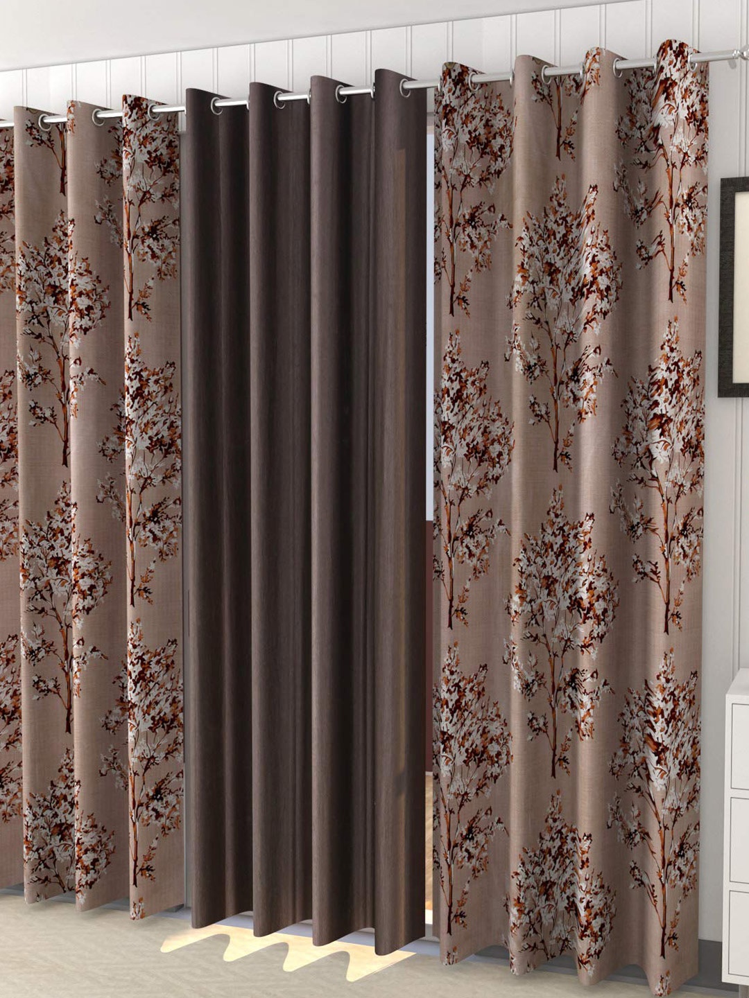 

Ultica Fab Coffee Brown & White 3 Pcs Floral Room Darkening Long Door Curtain