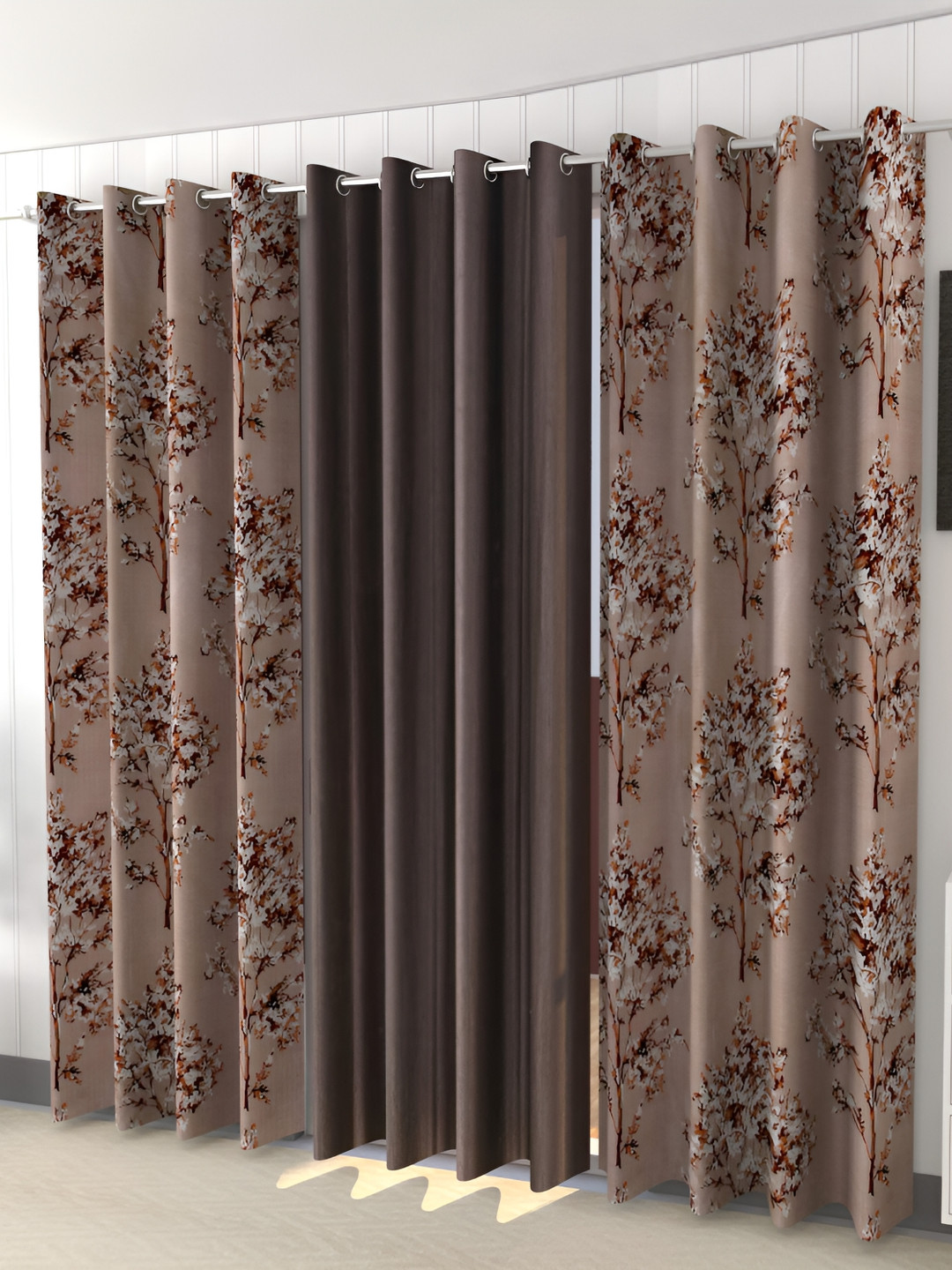 

Ultica Fab Coffee Brown & White 3 Pcs Floral Room Darkening Door Curtain