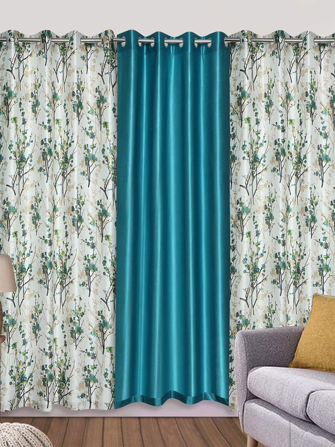 

Ultica Fab Sea Green & White 3 Pieces Floral Room Darkening Long Door Curtains