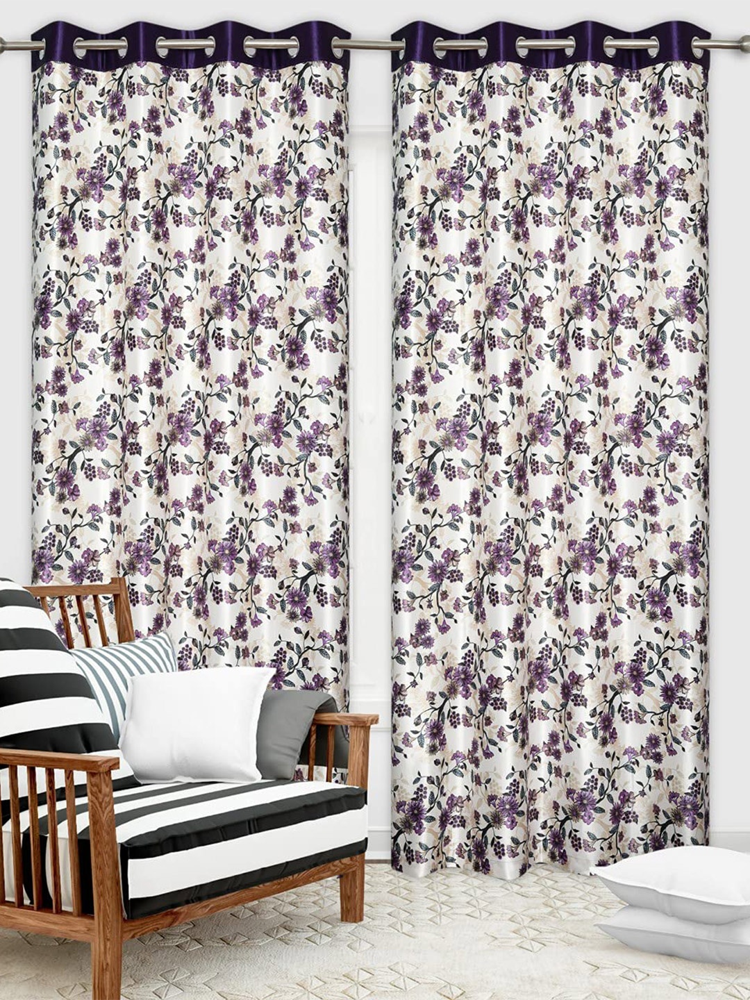

Ultica Fab Purple & White 2 Pieces Floral Room Darkening Door Curtains