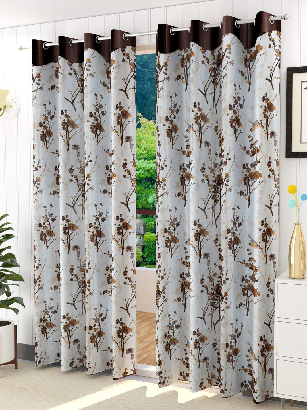 

Ultica Fab Coffee Brown & White 2 Pcs Floral Room Darkening Long Door Curtain