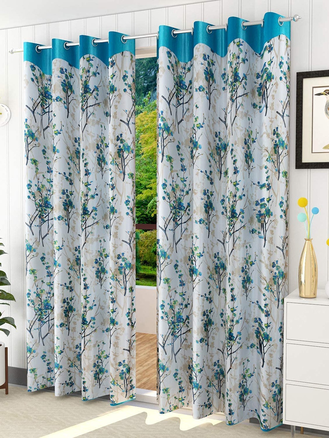 

Ultica Fab Sea Green & White 2 Pcs Floral Room Darkening Door Curtain
