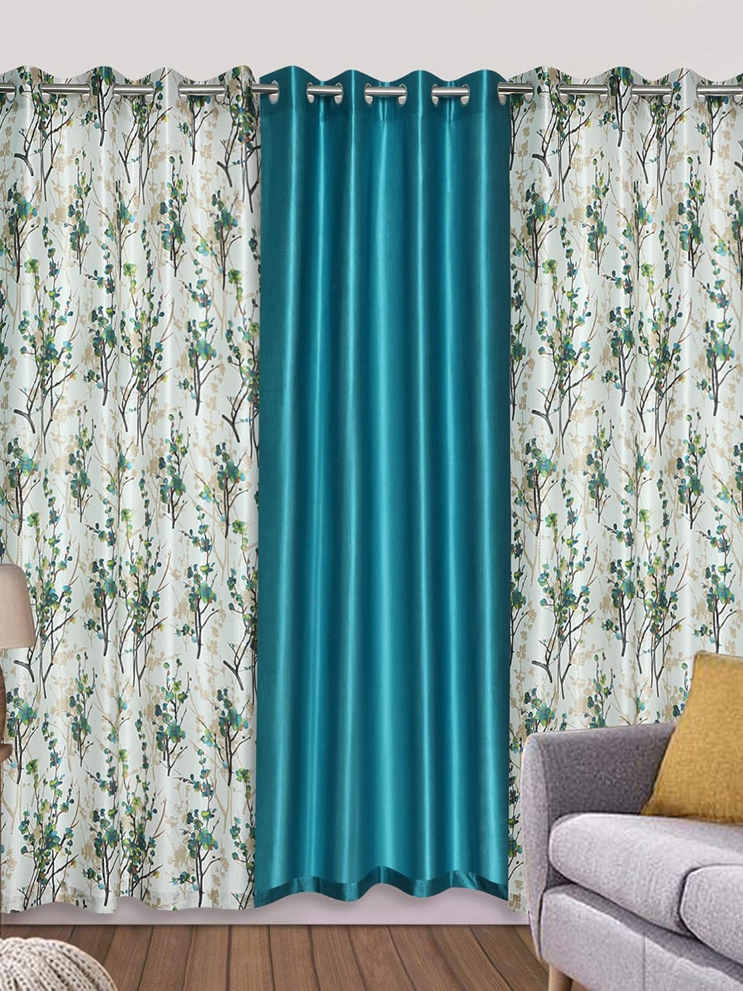 

Ultica Fab Sea Green & White 3 Pieces Floral Room Darkening Long Door Curtains