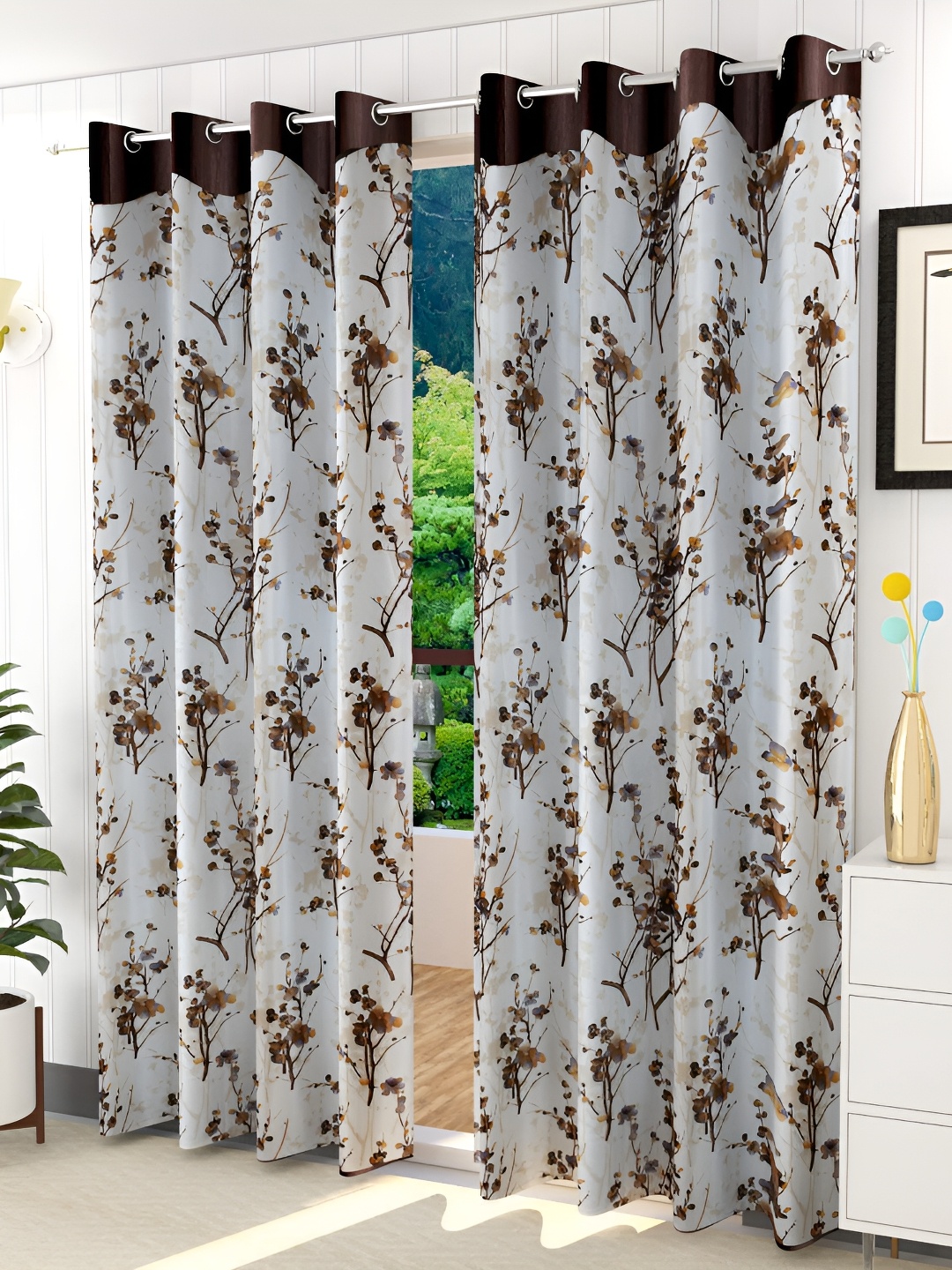 

Ultica Fab Coffee Brown & White 2Pcs Floral Room Darkening Long Door Curtain
