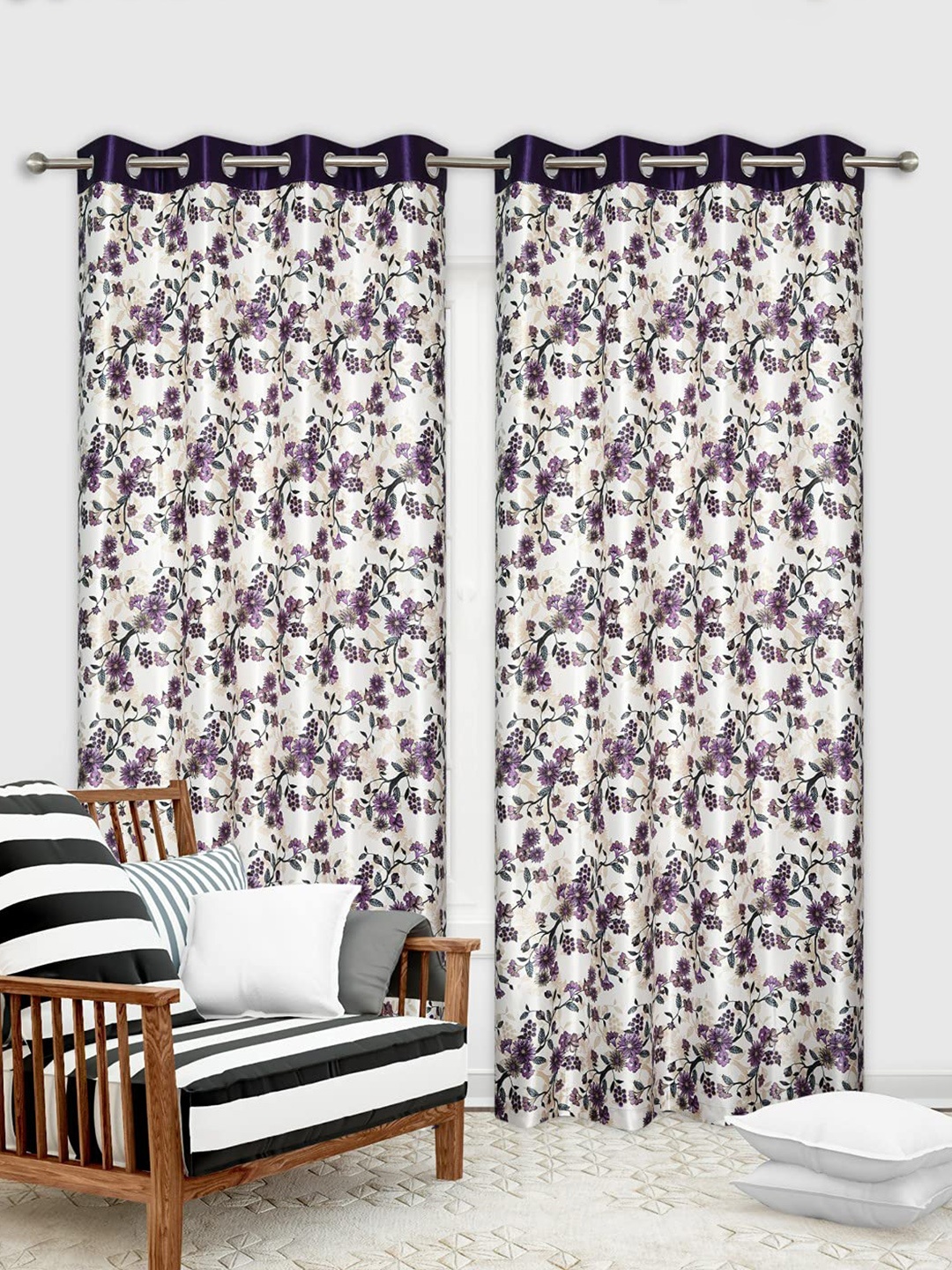 

Ultica Fab Purple & White 2 Pcs Floral Room Darkening Window Curtain