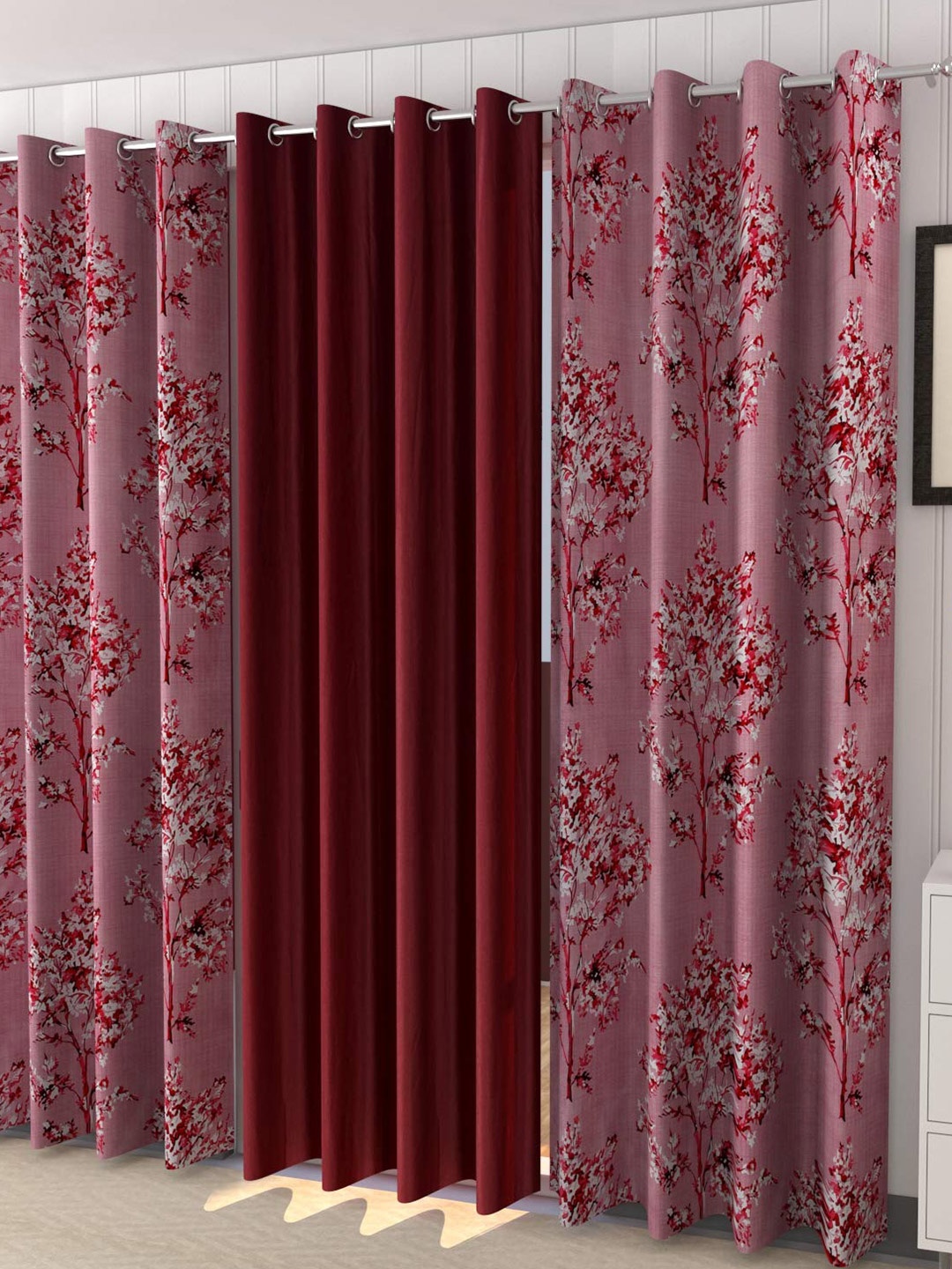 

Ultica Fab Maroon & White 3 Pieces Floral Room Darkening Long Door Curtains