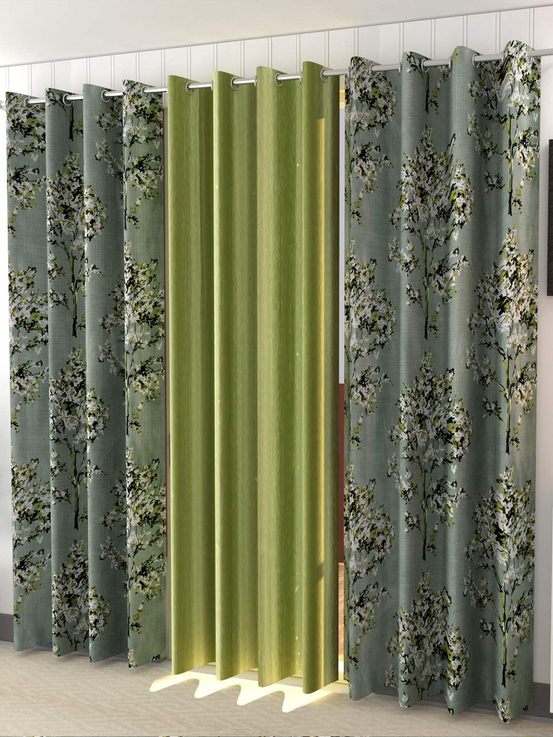 

Ultica Fab Green & White 3 Pieces Floral Room Darkening Eyelet Long Door Curtain