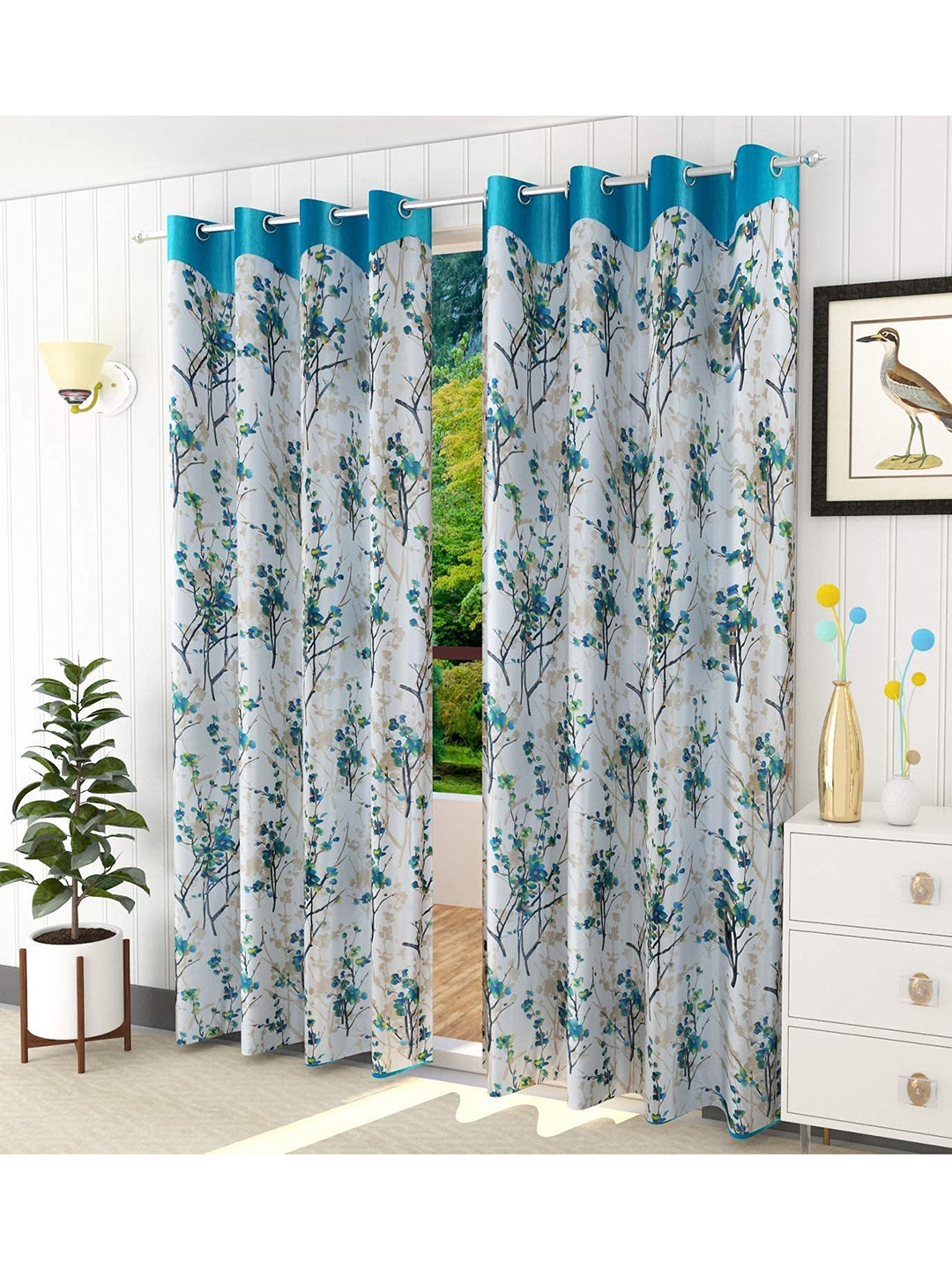 

Ultica Fab Sea Green & White 2 Pcs Floral Room Darkening Long Door Curtain