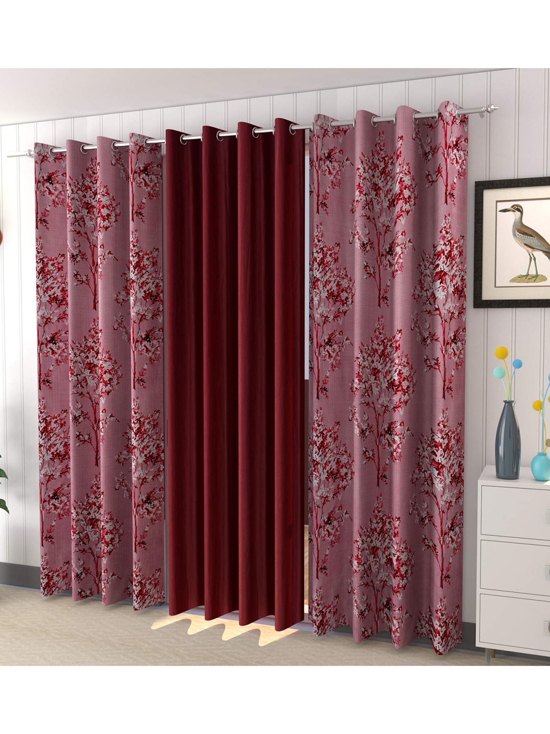 

Ultica Fab Maroon & Pink 3 Pcs Floral Room Darkening Long Door Curtain