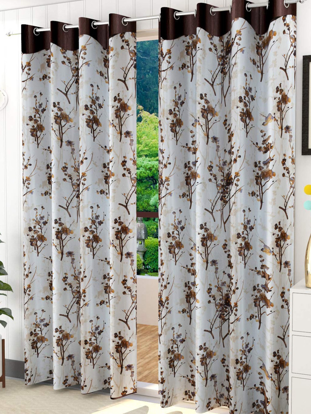 

Ultica Fab Coffee Brown & White 2 Pieces Floral Room Darkening Door Curtains