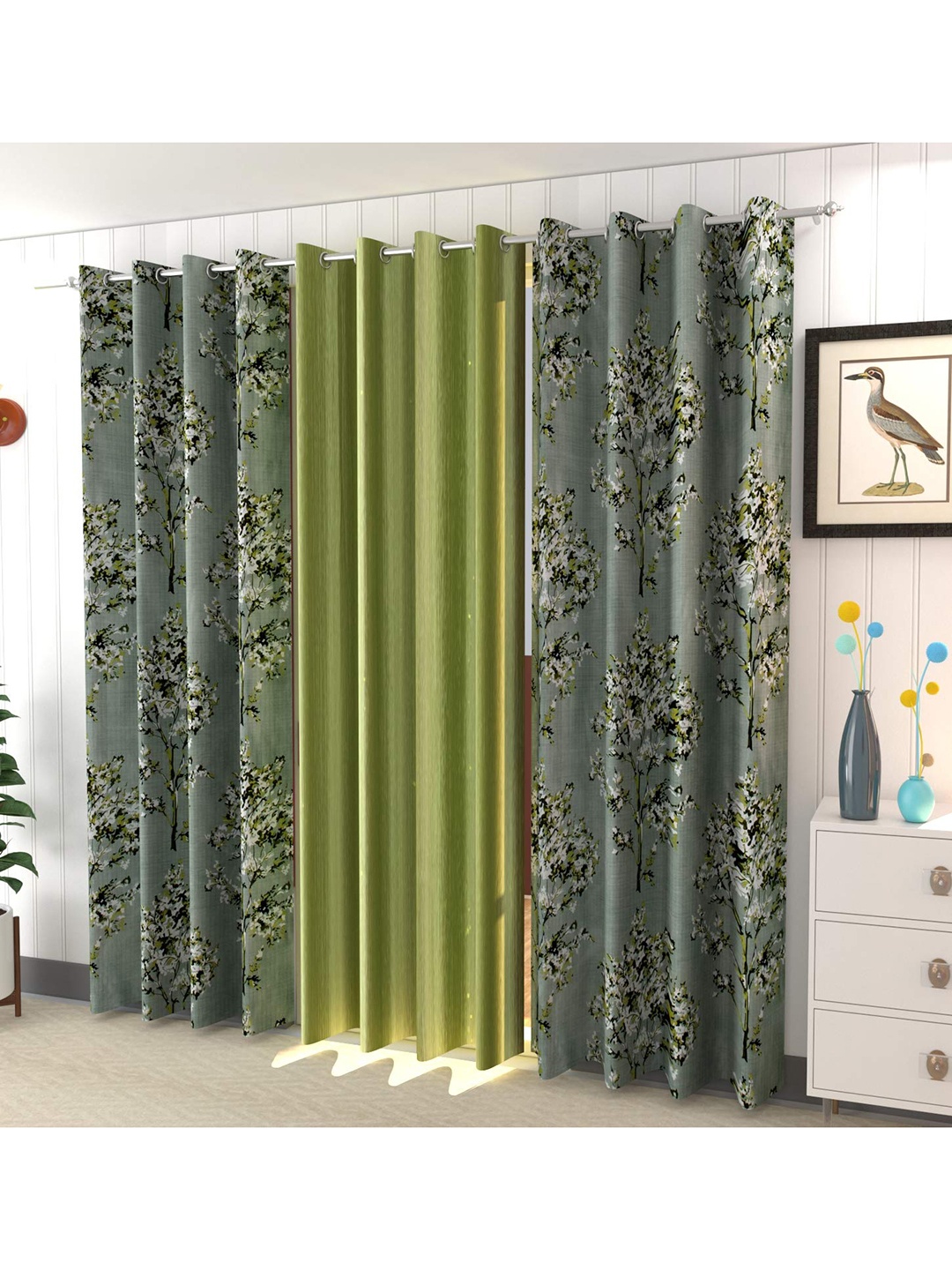 

Ultica Fab Green & White 3 Pieces Floral Room Darkening Long Door Curtains