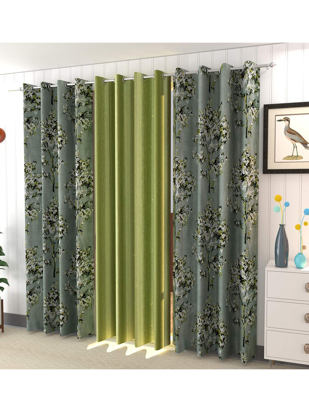 

Ultica Fab Green & White 3 Pieces Floral Room Darkening Door Curtains