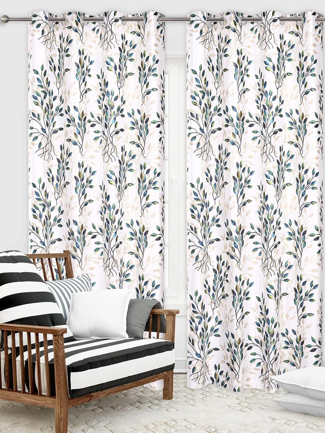 

Ultica Fab Green & White 2 Pieces Floral Printed Room Darkening Long Door Curtains