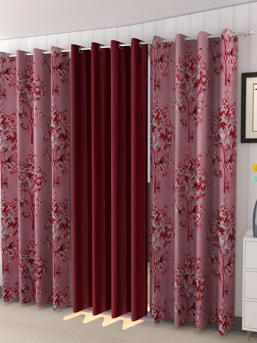 

Ultica Fab Maroon & White 3 Pieces Floral Room Darkening Door Curtains