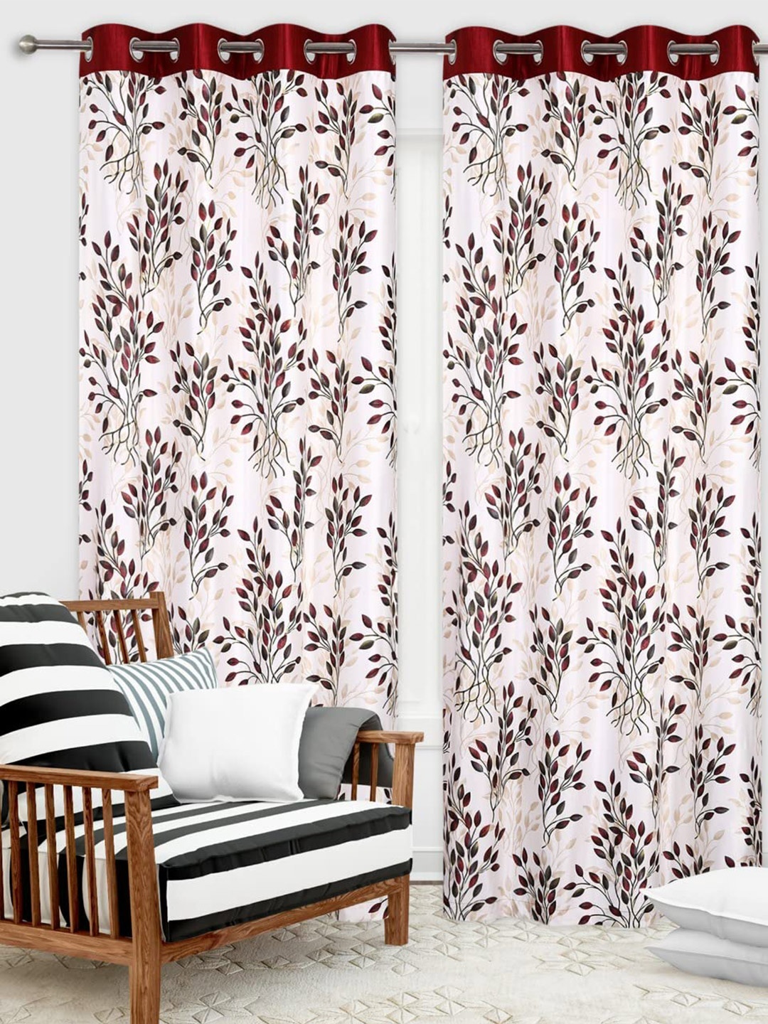 Ultica Fab Maroon & White 2 Pieces Floral Printed Room Darkening Door Curtains