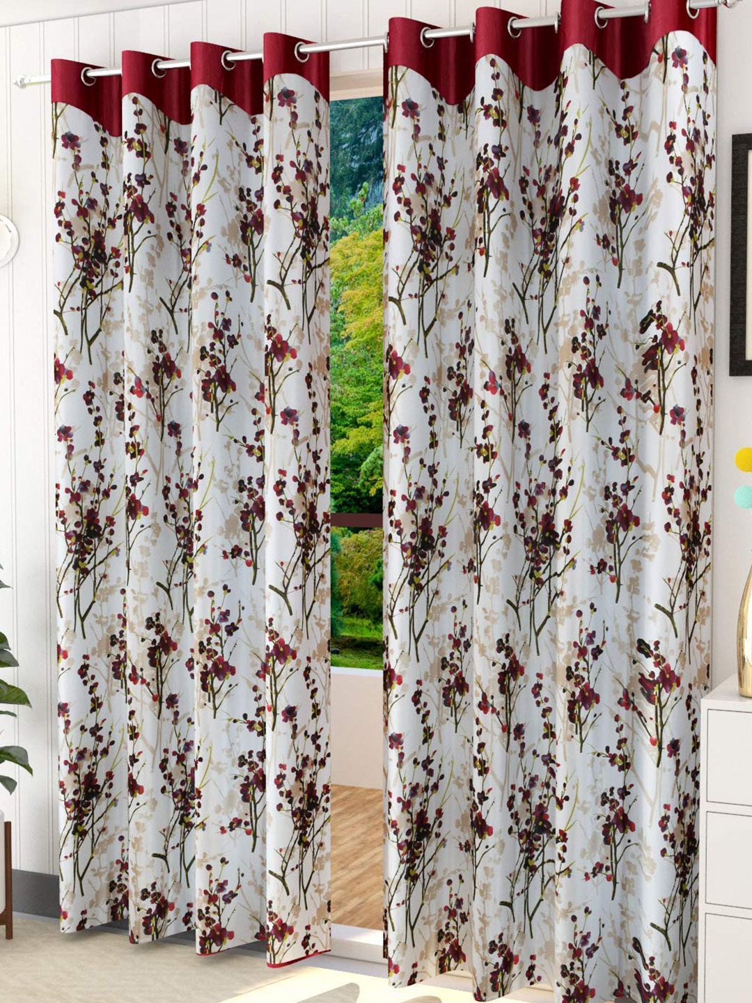 

Ultica Fab Maroon & Cream 2 Pieces Floral Printed Room Darkening Long Door Curtains