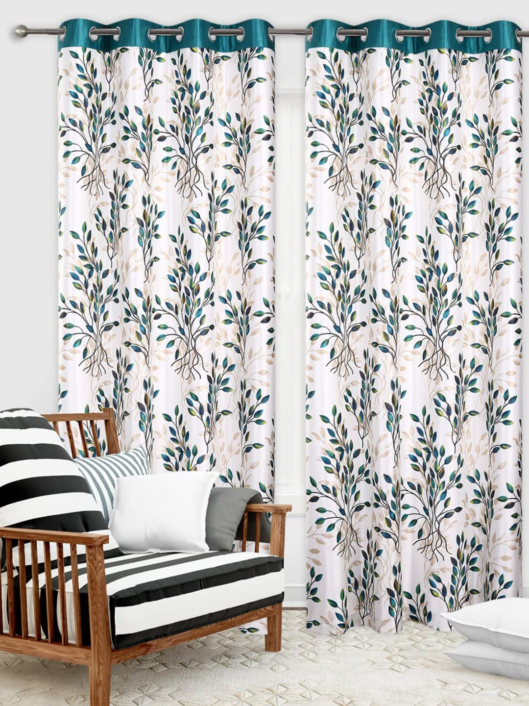 

Ultica Fab Green & White 2 Pieces Floral Printed Room Darkening Long Door Curtains