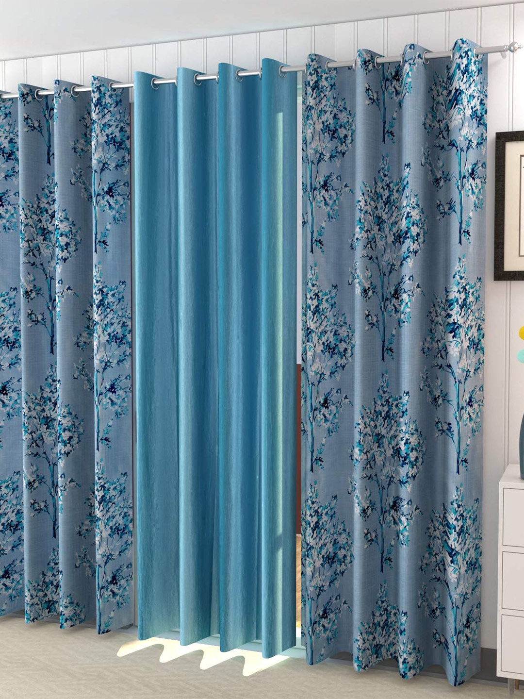 

Ultica Fab Blue & White 3 Pieces Floral Printed Room Darkening Long Door Curtains