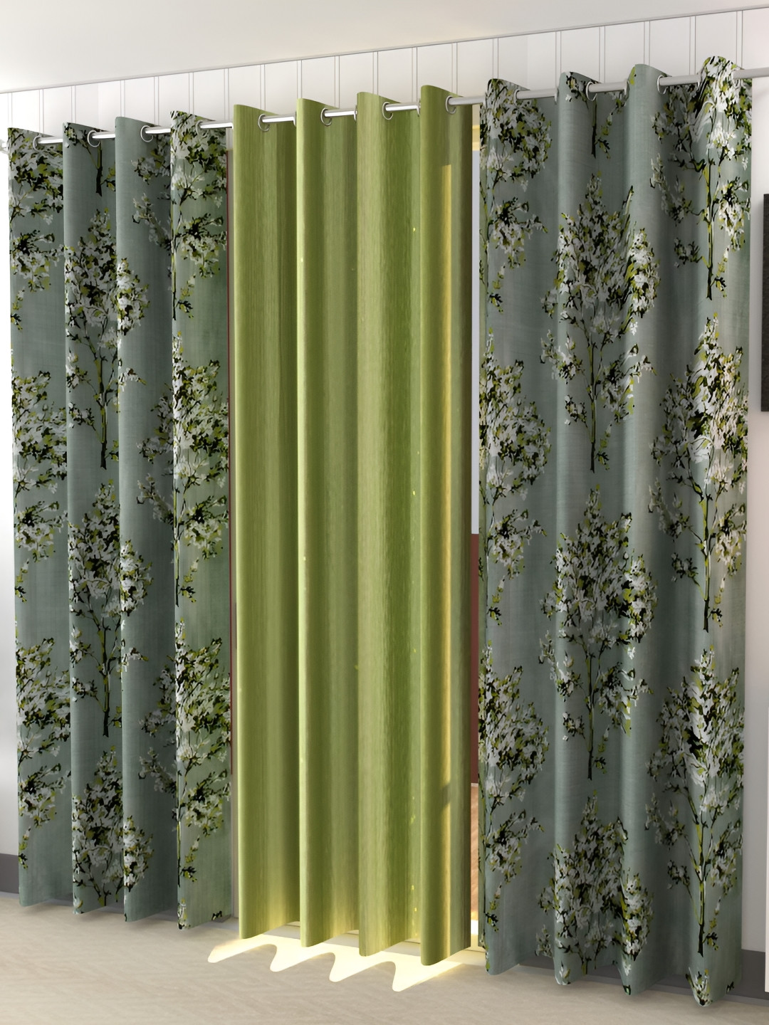 

Ultica Fab Green & White Set of 3 Floral Room Darkening Door Curtains