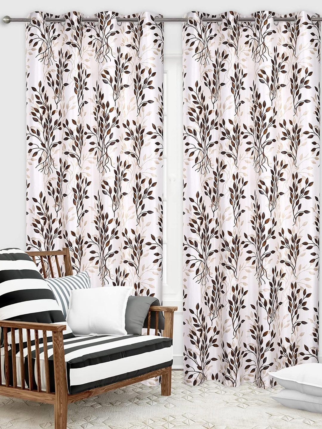 

Ultica Fab Coffee Brown & White 2 Pieces Floral Printed Room Darkening Window Curtains