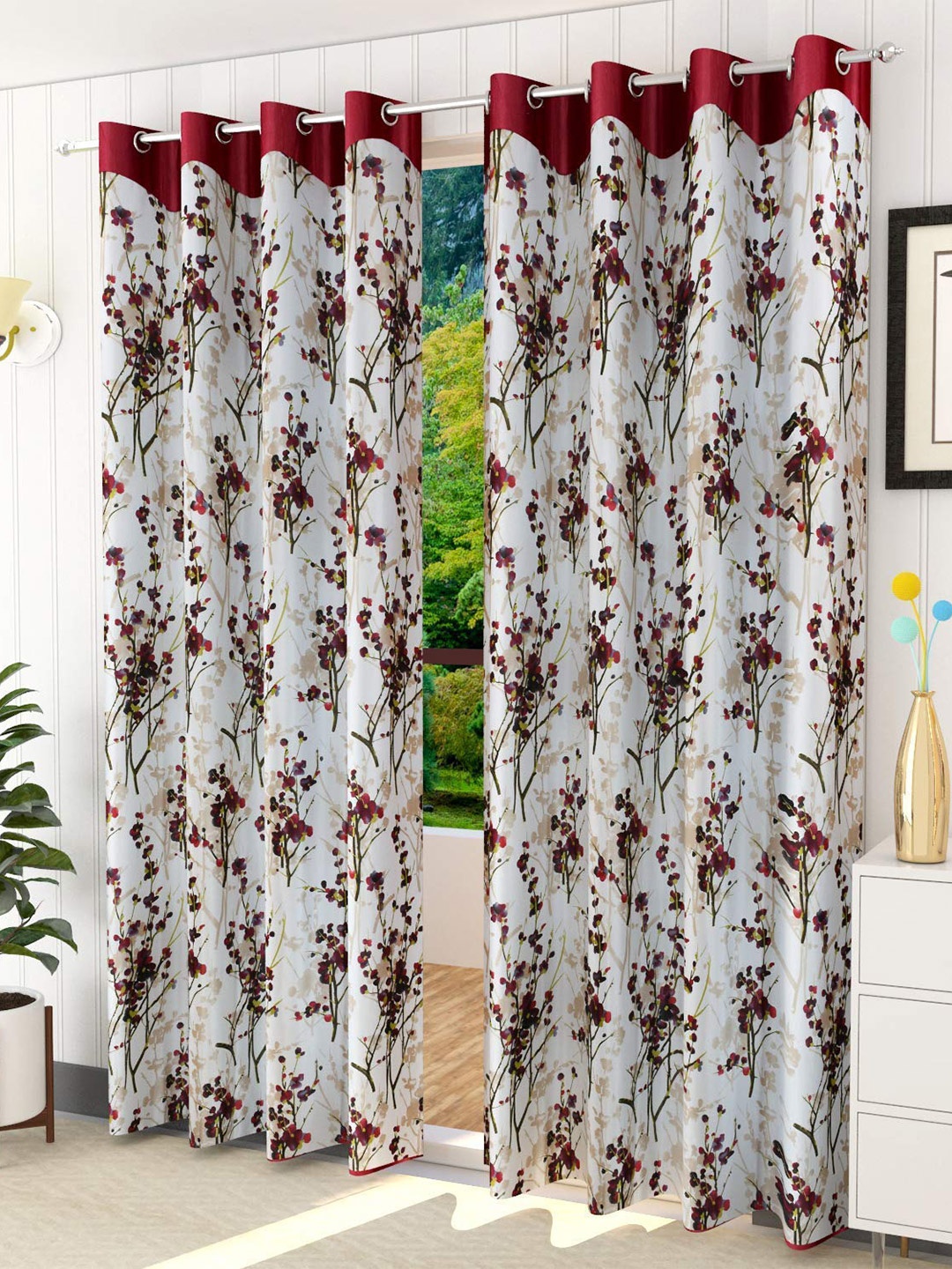 

Ultica Fab Maroon & White 2 Pieces Floral Printed Room Darkening Long Door Curtains
