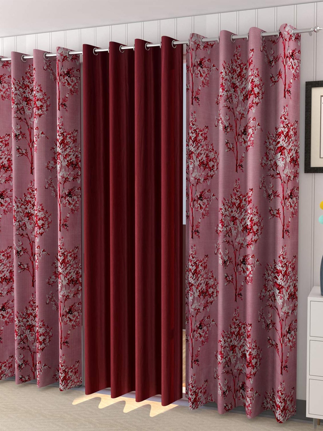 

Ultica Fab Maroon & Pink 3 Pieces Floral Printed Room Darkening Window Curtains