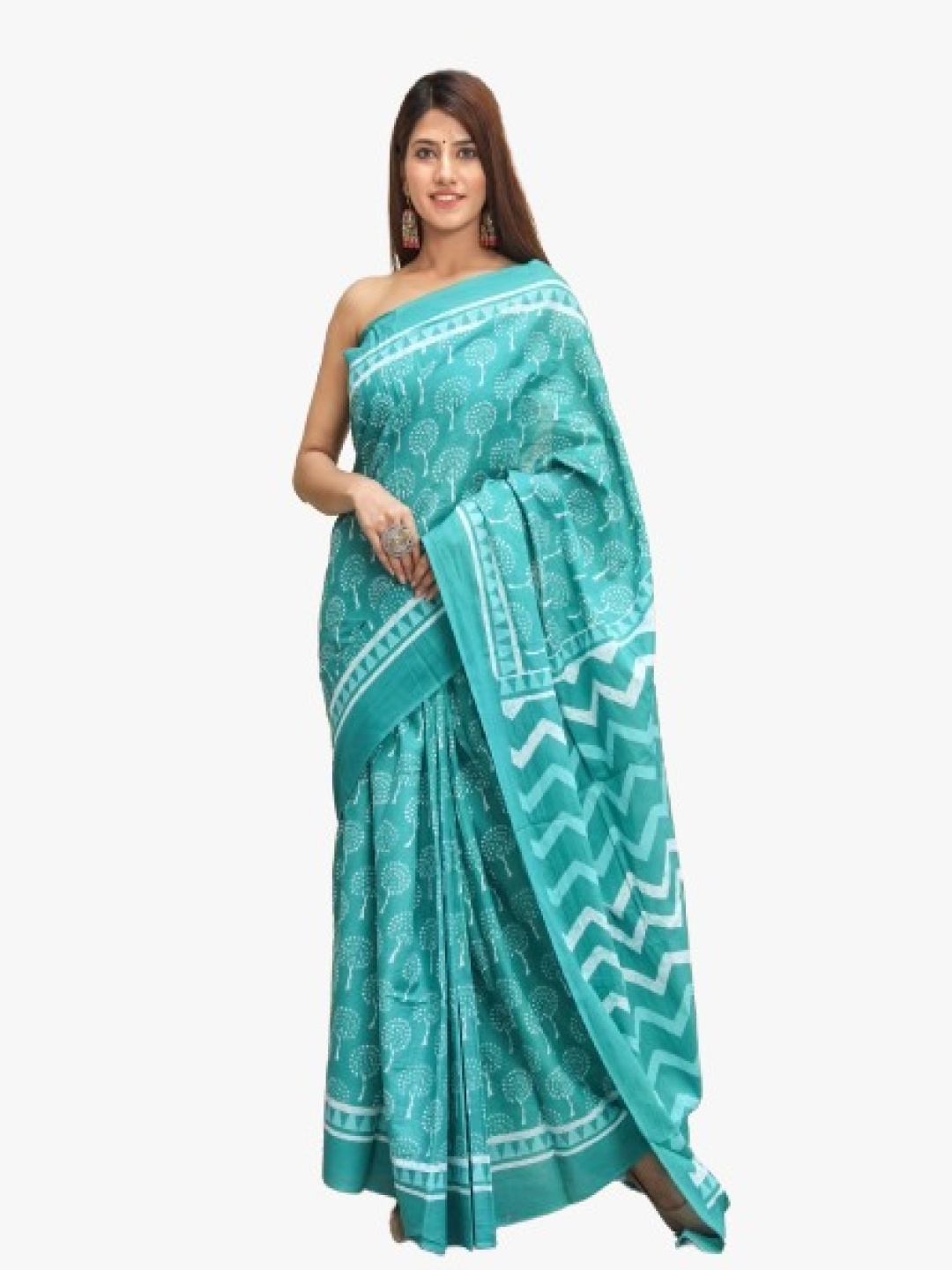 

TROPWEAR Ethnic Motifs Pure Cotton Block Print Saree, Turquoise blue