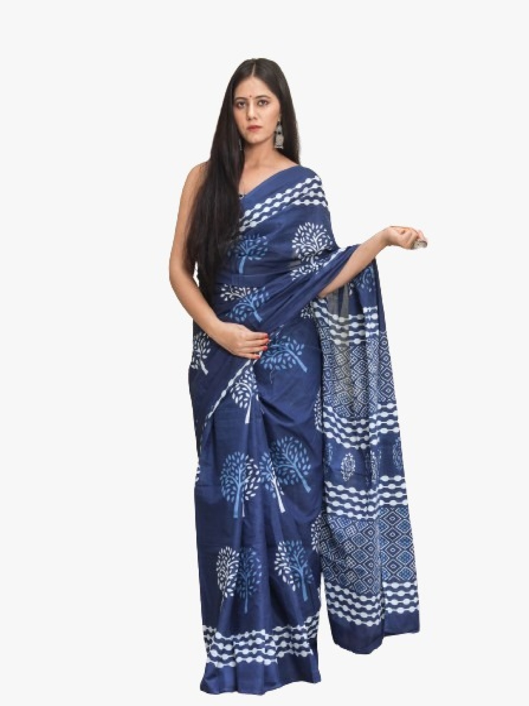 

TROPWEAR Ethnic Motifs Pure Cotton Block Print Saree, Blue