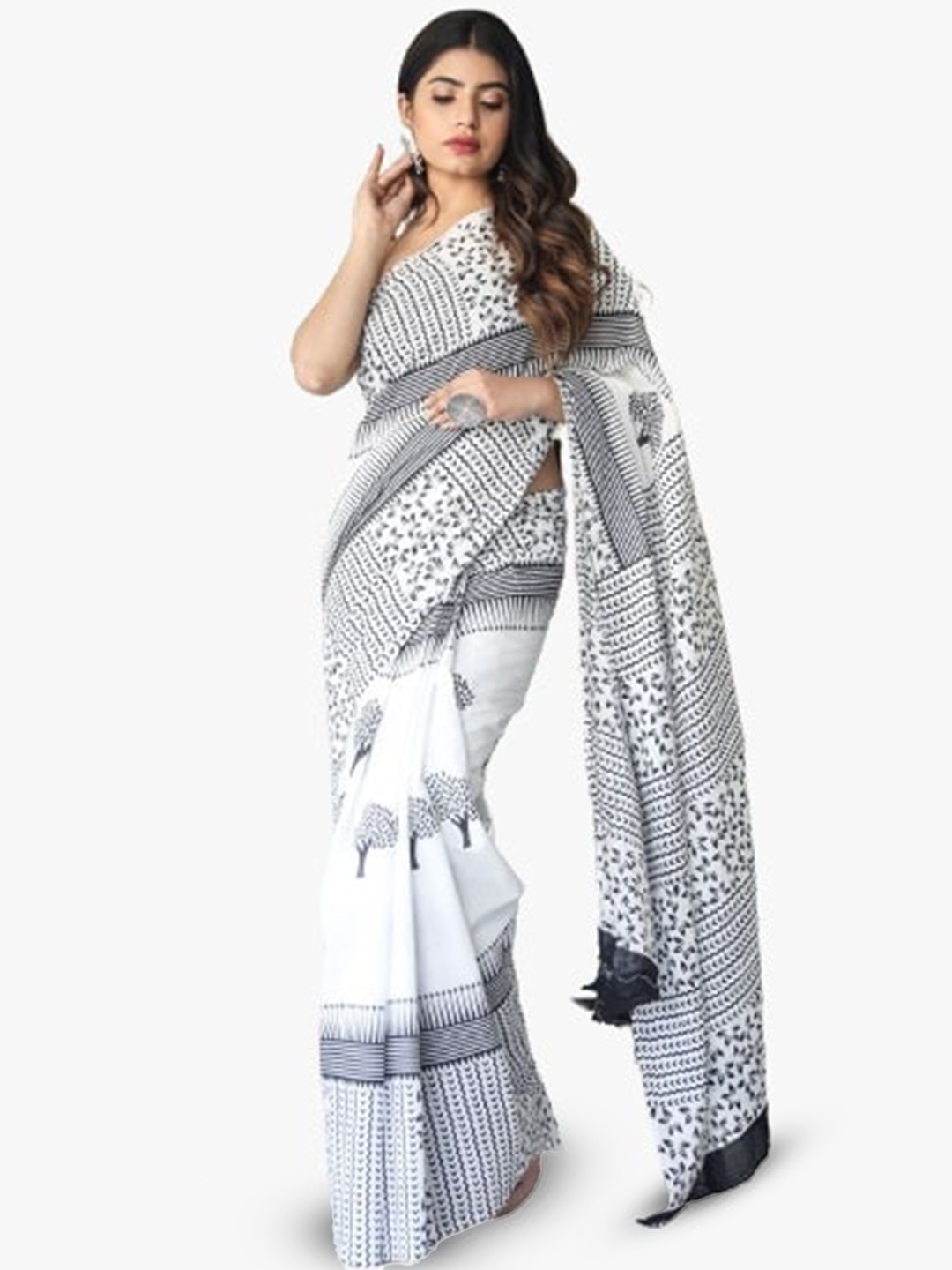 

TROPWEAR Ethnic Motifs Pure Cotton Block Print Saree, White