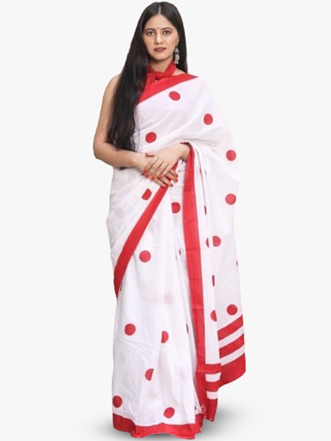 

TROPWEAR Ethnic Motifs Pure Cotton Block Print Saree, White