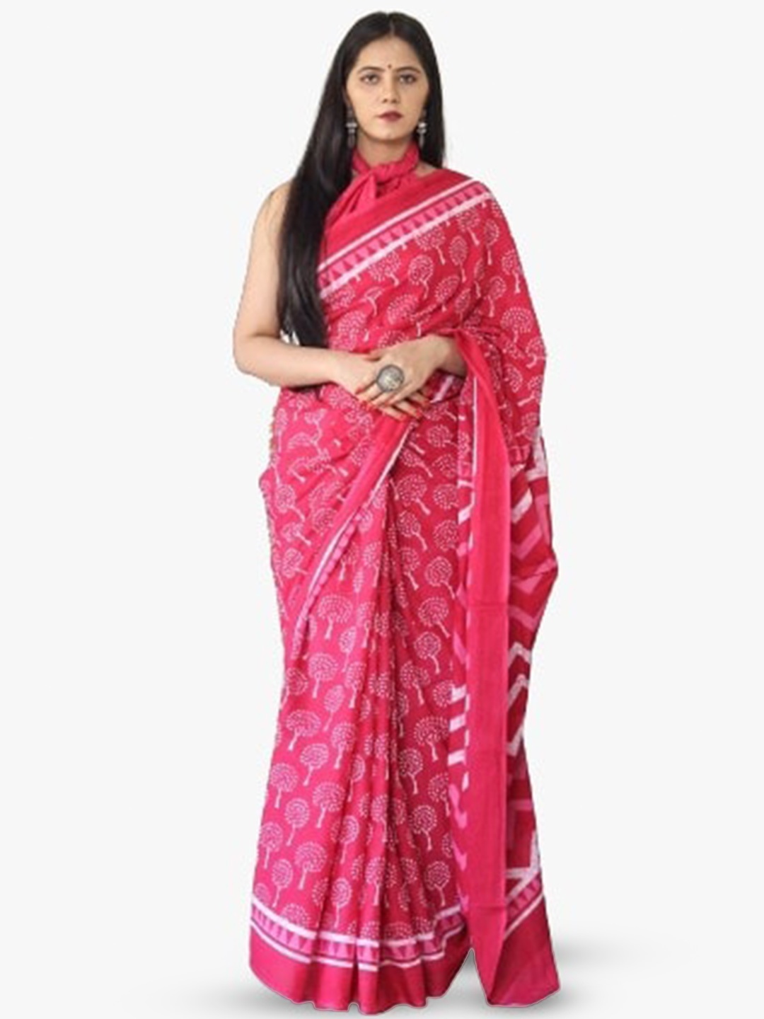 

TROPWEAR Ethnic Motifs Pure Cotton Block Print Saree, Pink