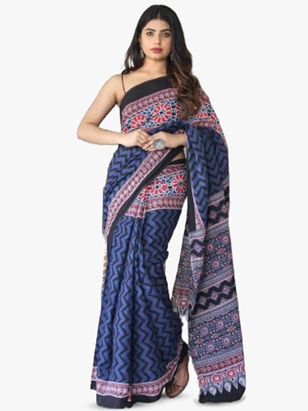 

TROPWEAR Ethnic Motifs Pure Cotton Block Print Saree, Blue
