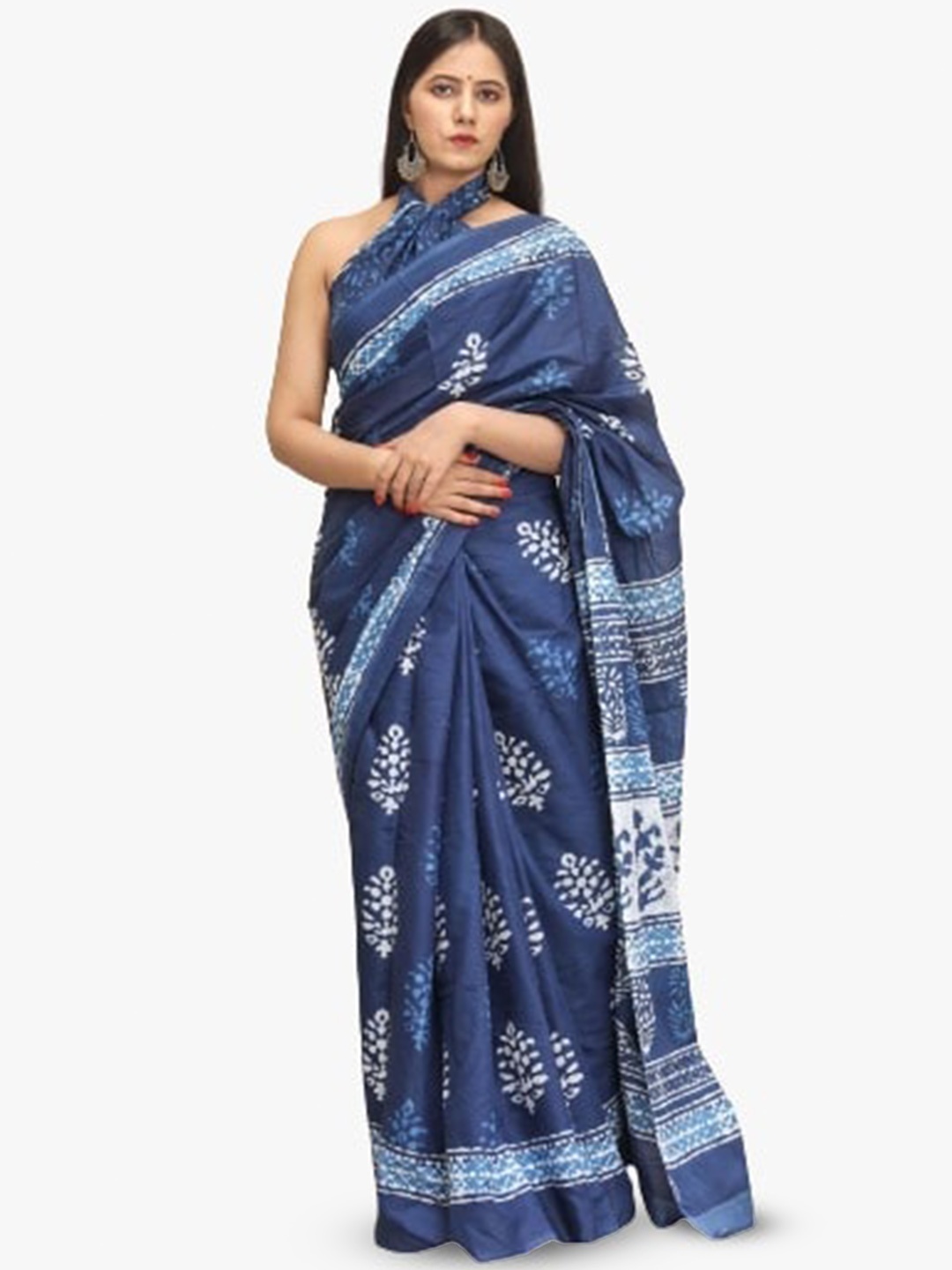 

TROPWEAR Ethnic Motifs Pure Cotton Block Print Saree, Blue