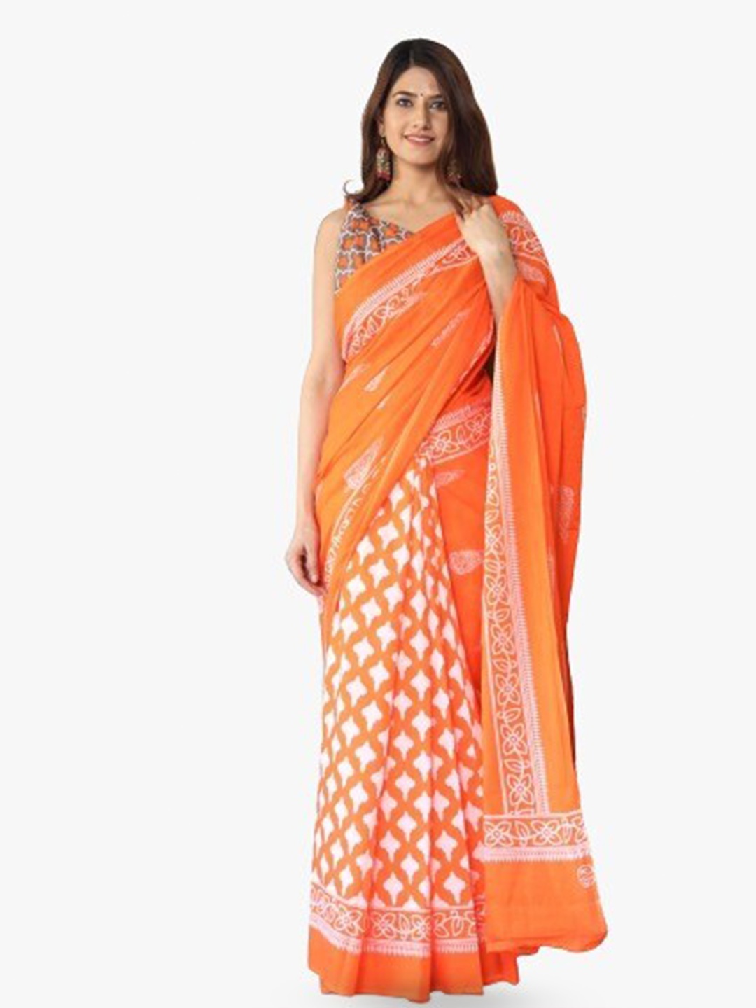 

TROPWEAR Ethnic Motifs Pure Cotton Half and Half Block Print Saree, Orange