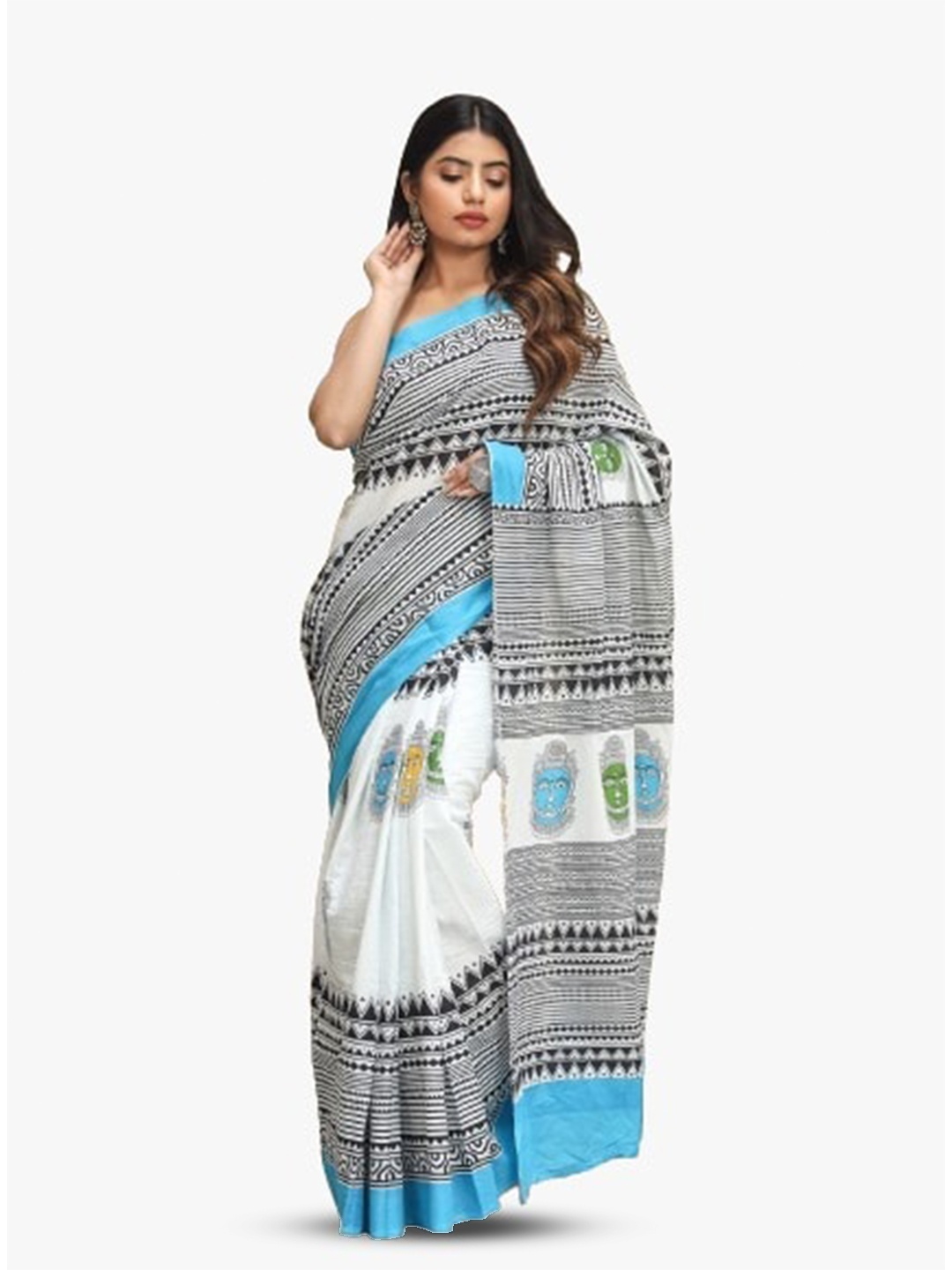 

TROPWEAR Ethnic Motifs Pure Cotton Block Print Saree, White
